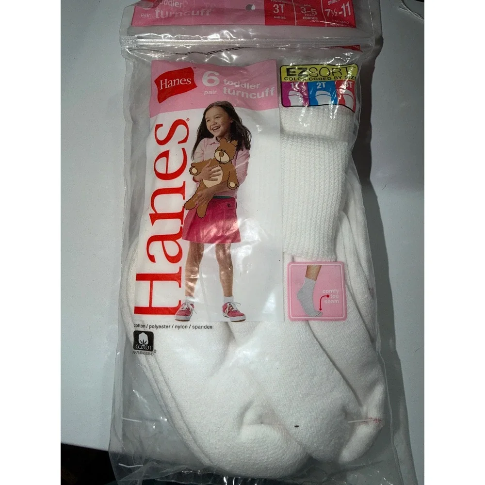 Hanes Toddler Girls Turncuff Socks 6 Pair Pack White EZ Sort Size 3T 3-5 Years